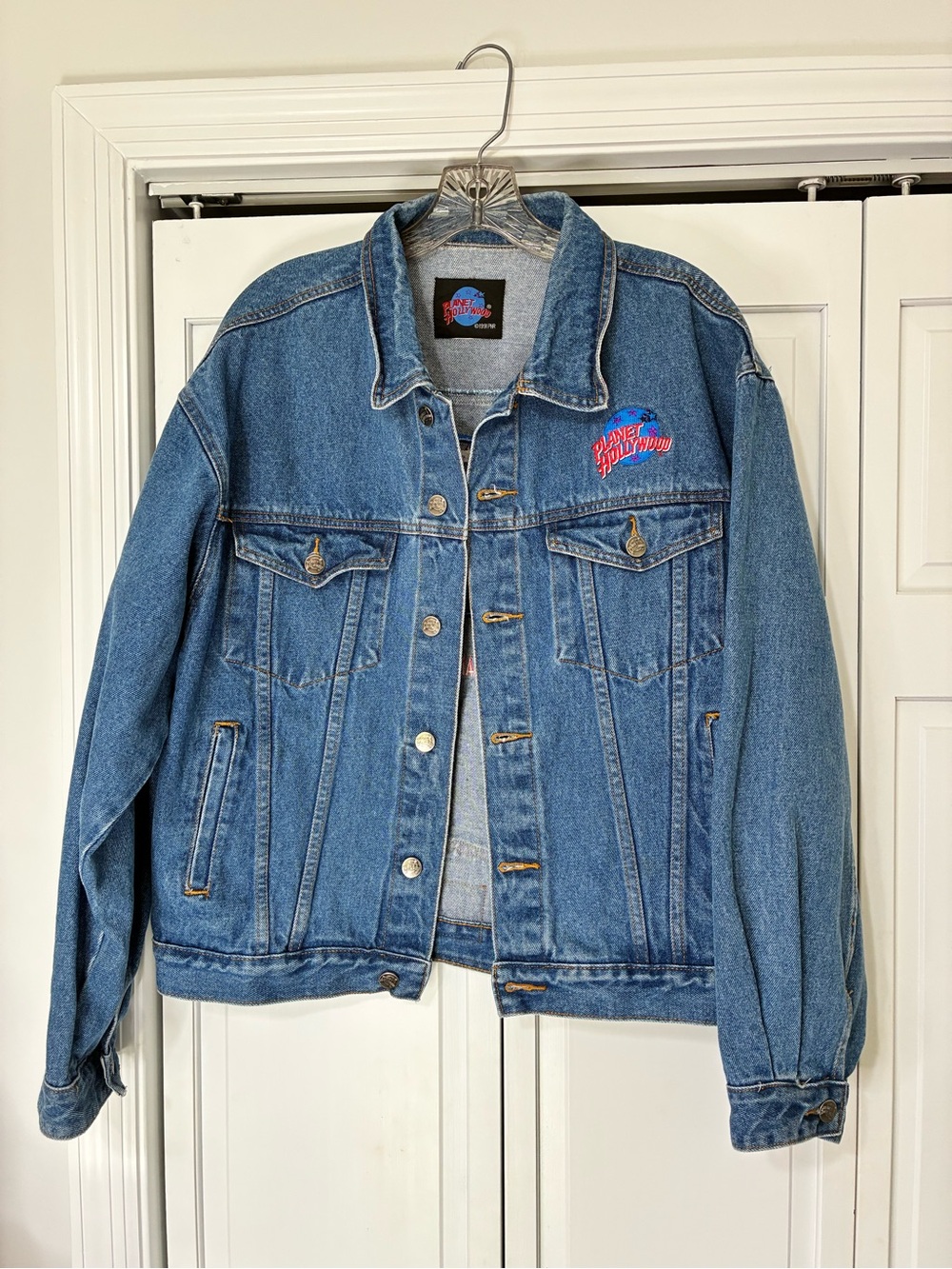 Vintage-Style Blue Planet Hollywood Denim Jacket with Embroidered Logo see pics